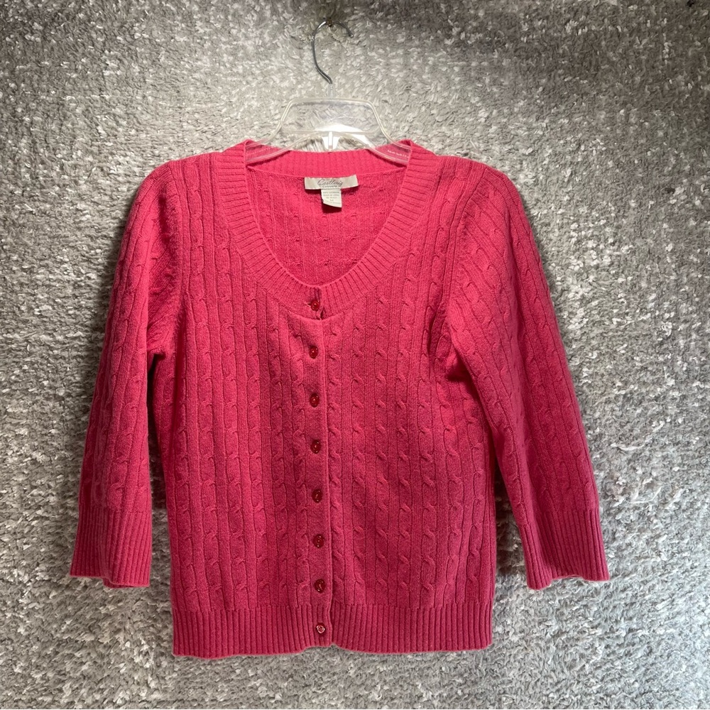 Castlerig Medium Cashmere Cardigan Sweater Pink Cable Knit 3/4 Sleeve M Preppy